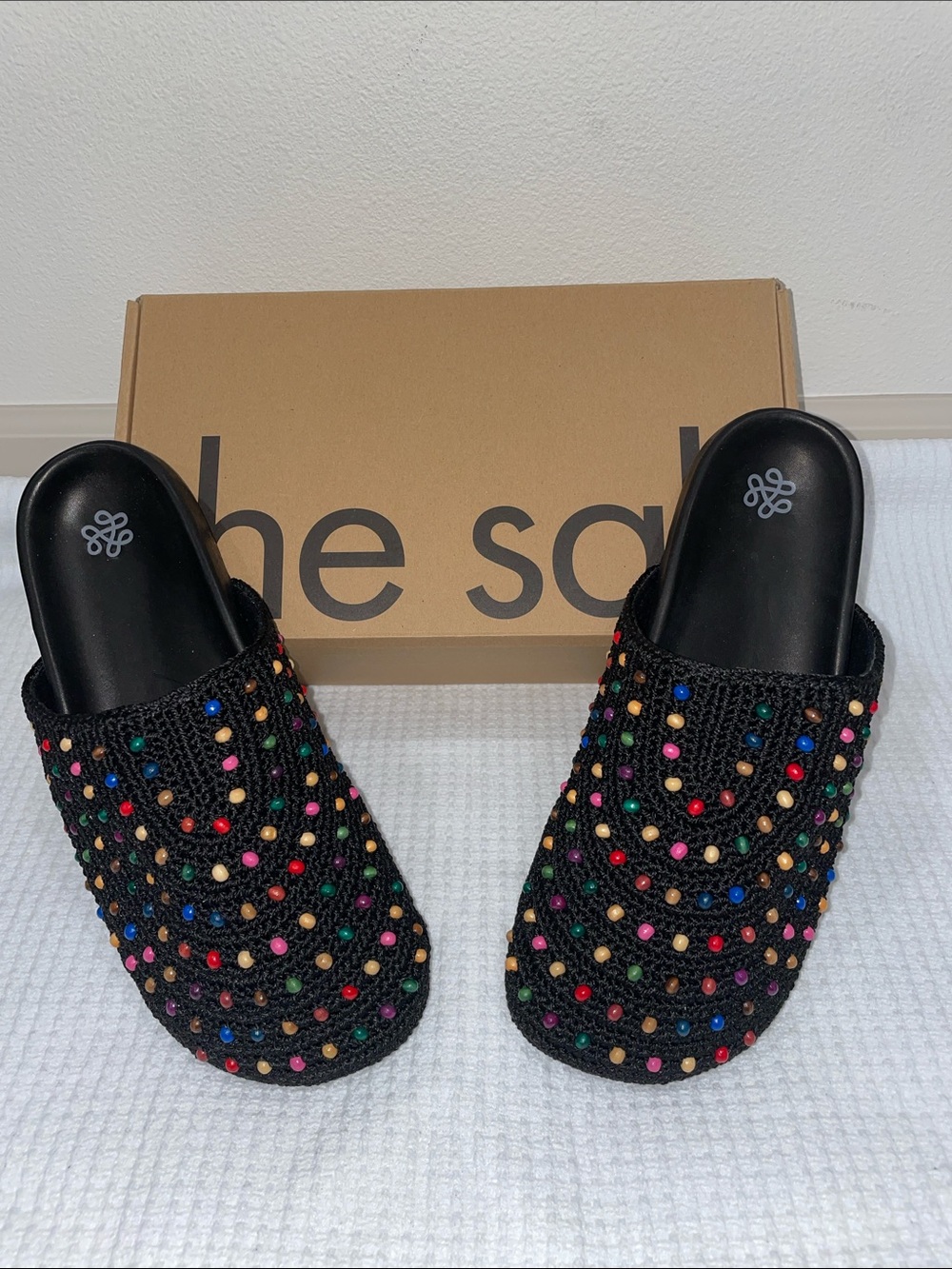 The Sak Black Crochet Mule Clogs with Multicolor Bead Accents
